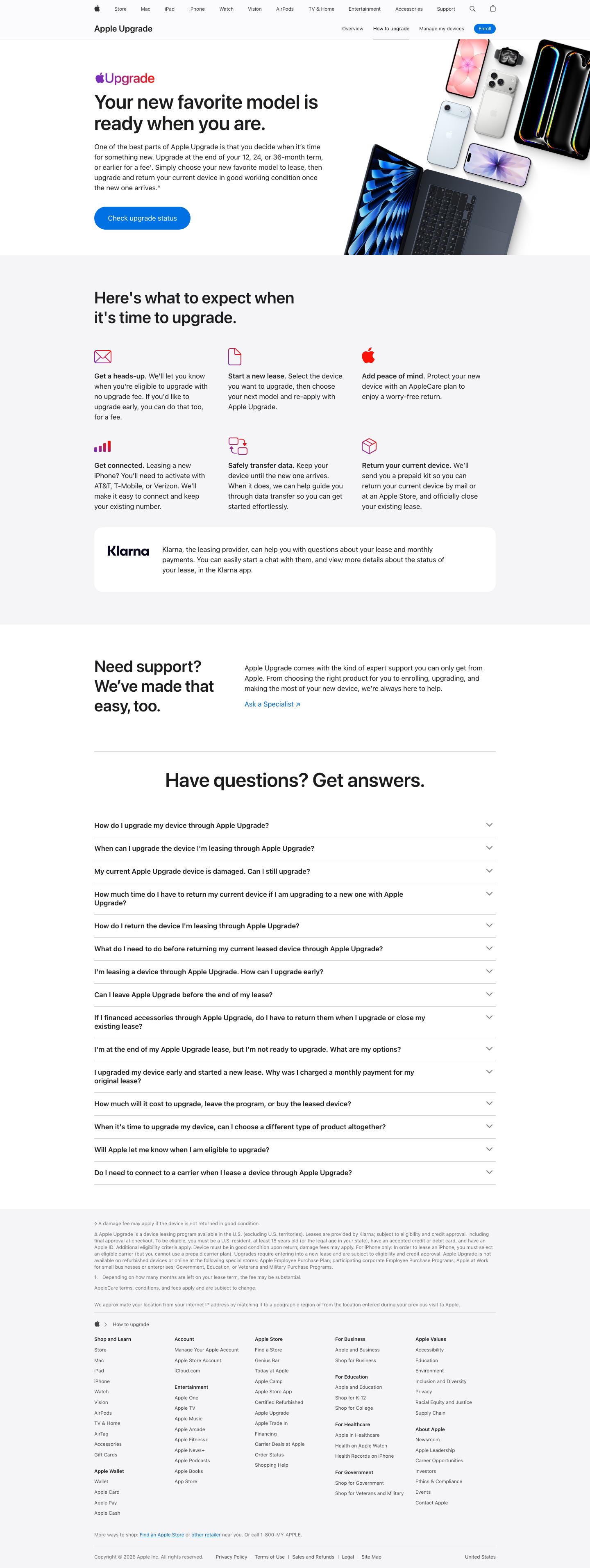 Apple Upgrade how-to page on apple.com, including support and FAQs
